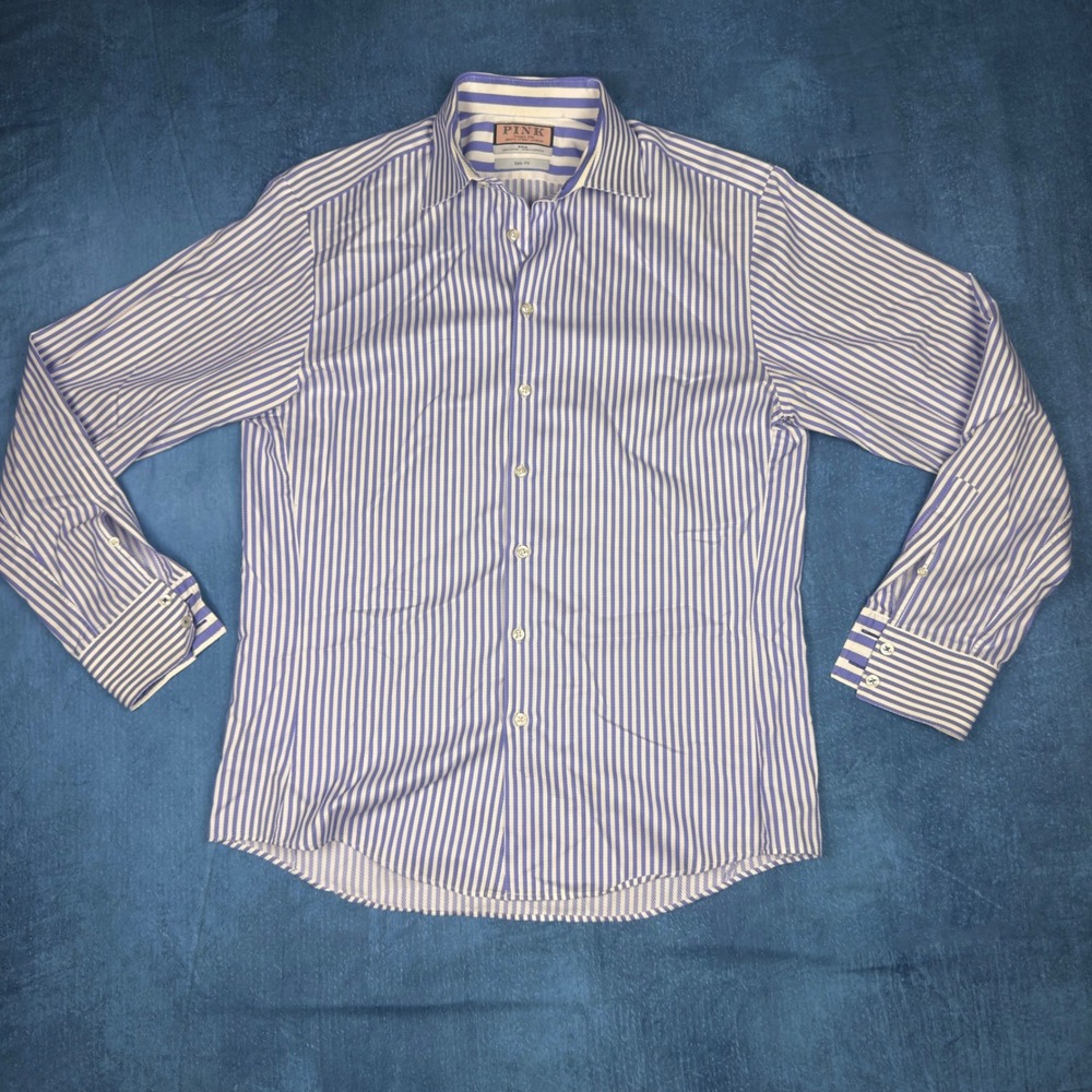 Thomas Pink Slim Fit Dress Shirt Mens 16 41cm Blue White Stripe Cotton London